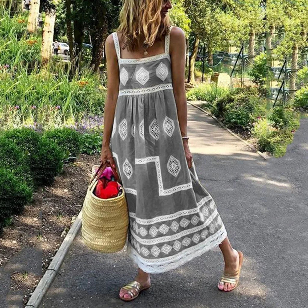 Women Summer Beach Sundress Vintage Vestidos Print Strap Dress Boho Style Big Swing Holiday Maxi Dress Female Casual Dress