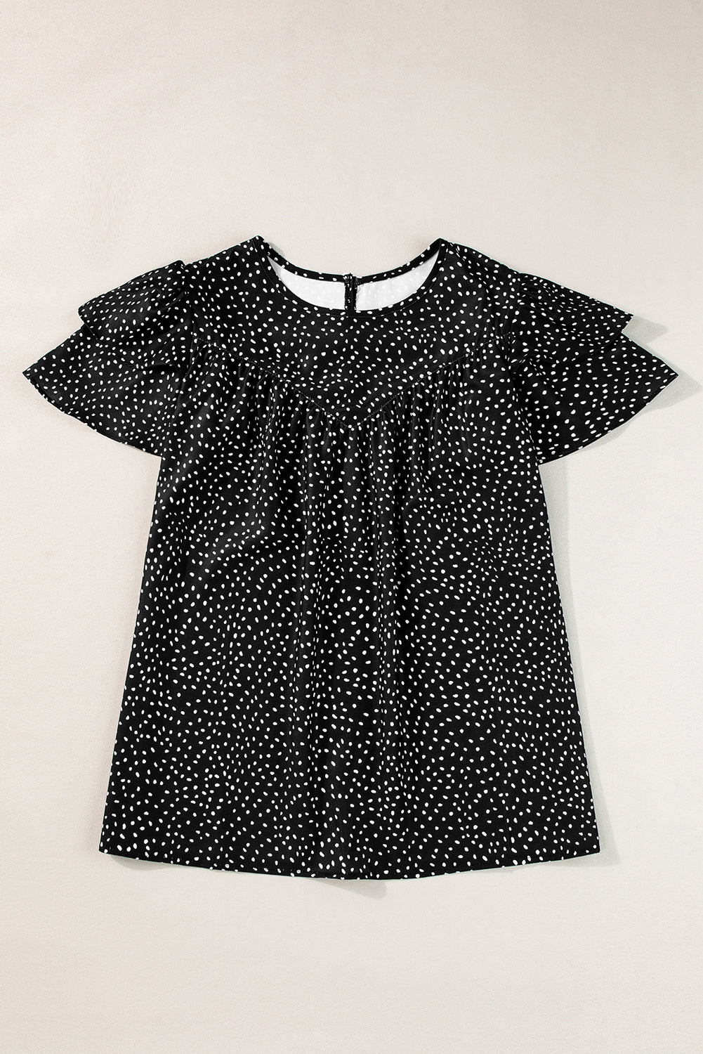 Black Spotted Print Pleated Ruffle Sleeve Blouse