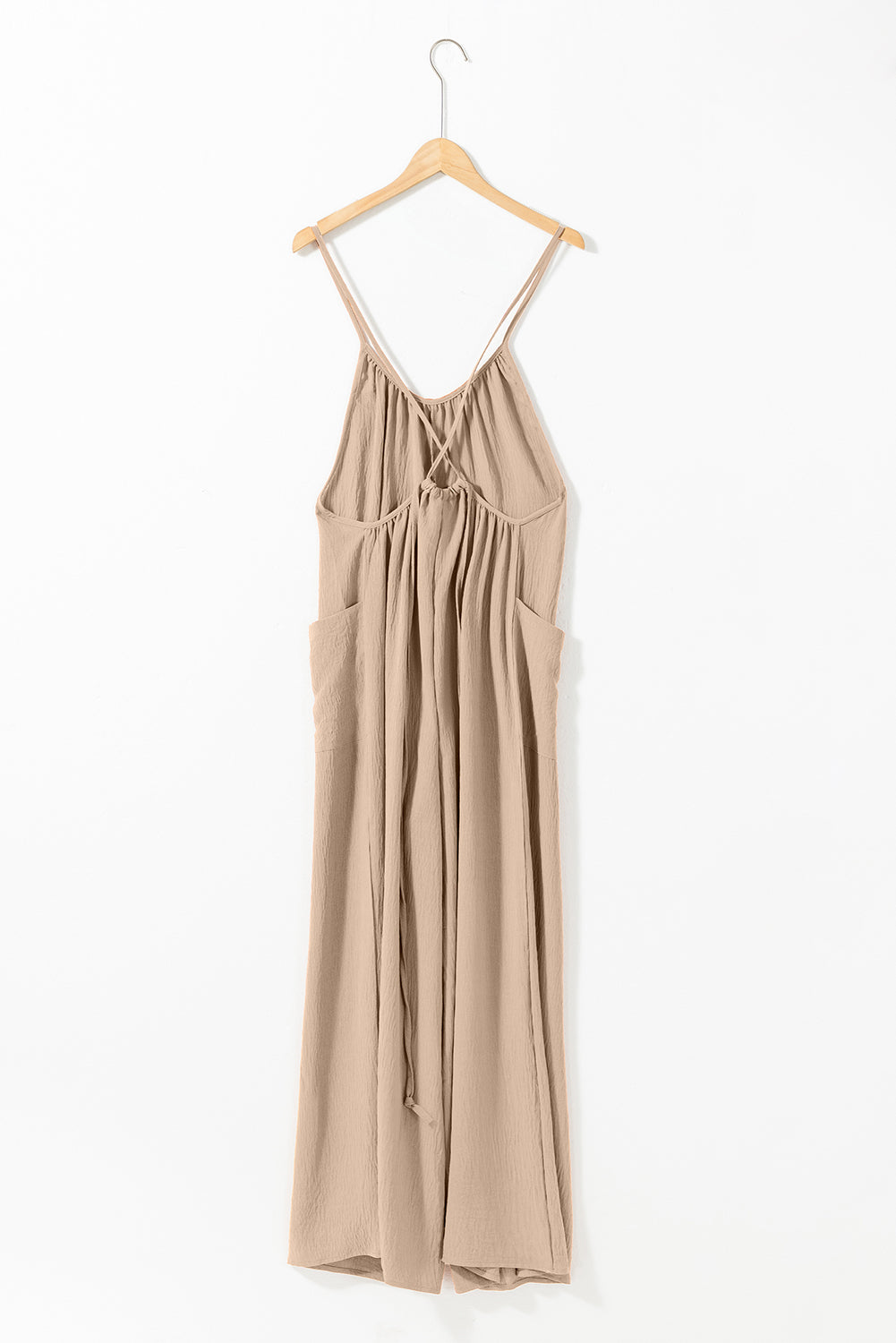 Apricot Spaghetti Straps Waist Tie Pocketed Wide Leg Jumpsuit