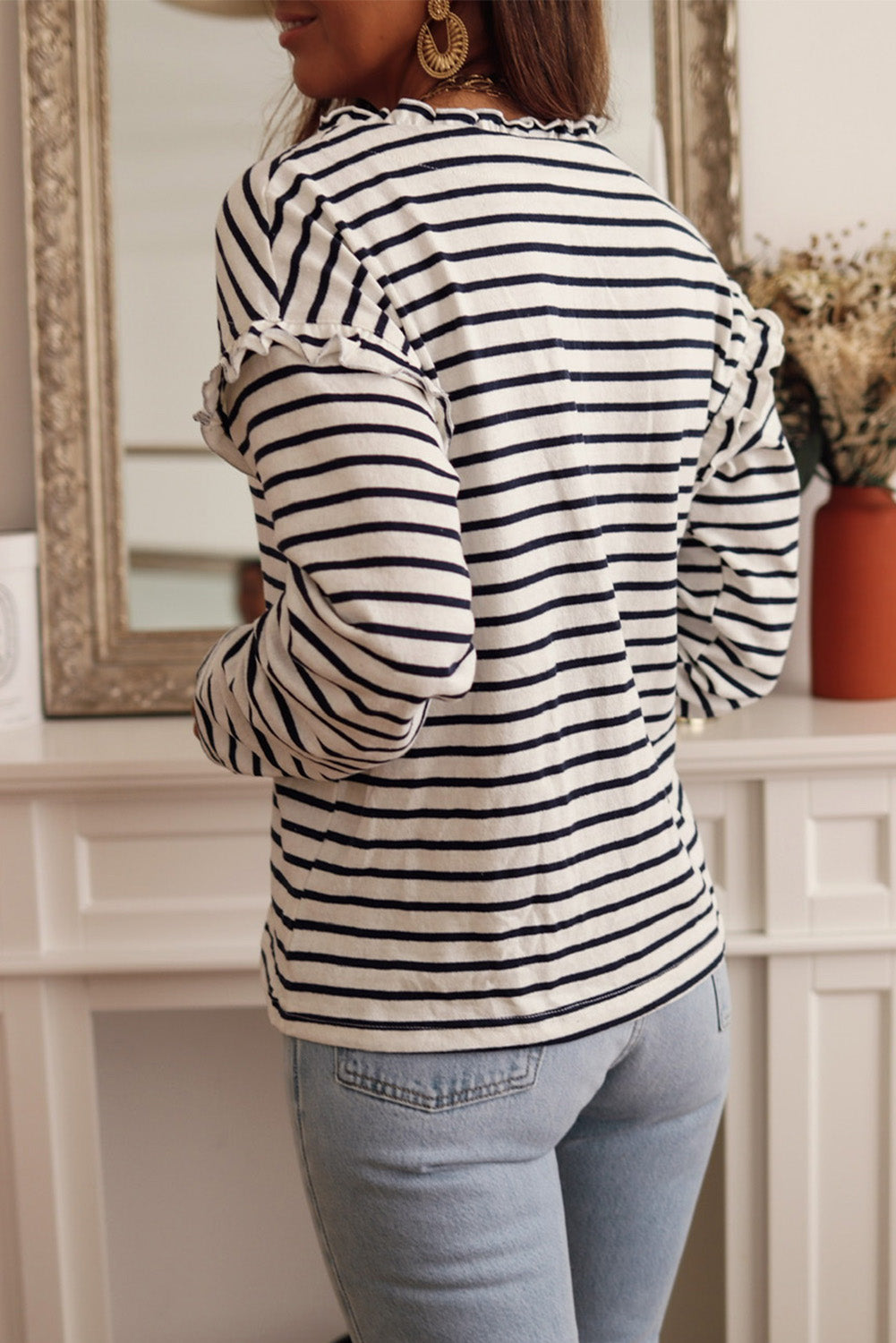 Black and White Striped Snap Button Ruffle Trim Long Sleeve Top