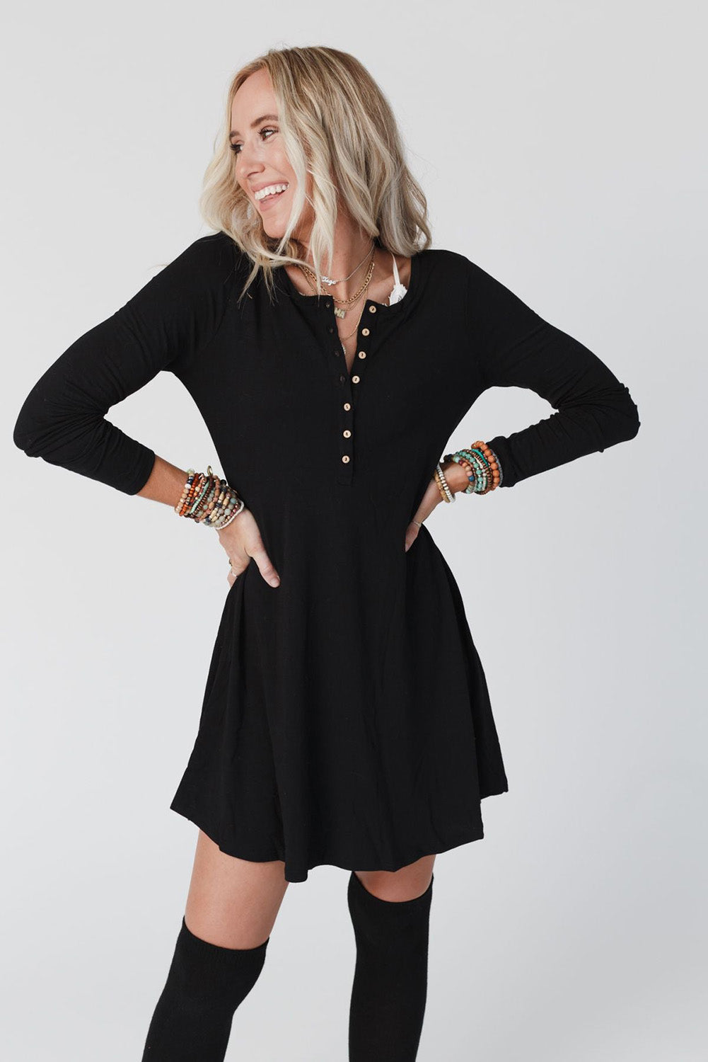 Black Solid Color Long Sleeve Henley Mini Dress