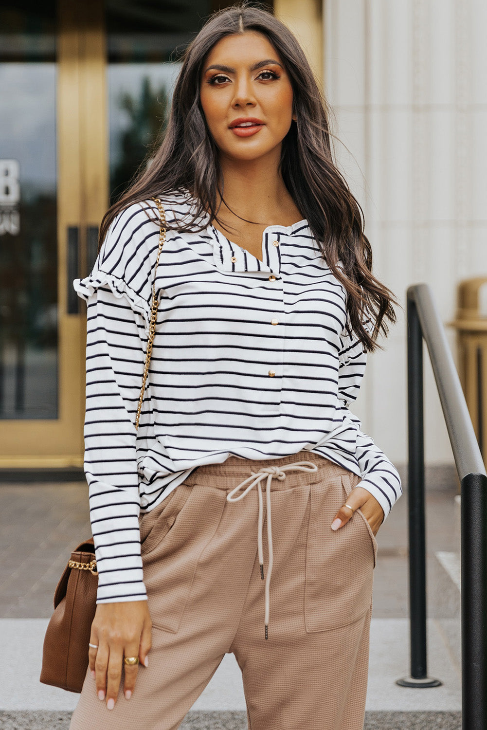 Black and White Striped Snap Button Ruffle Trim Long Sleeve Top