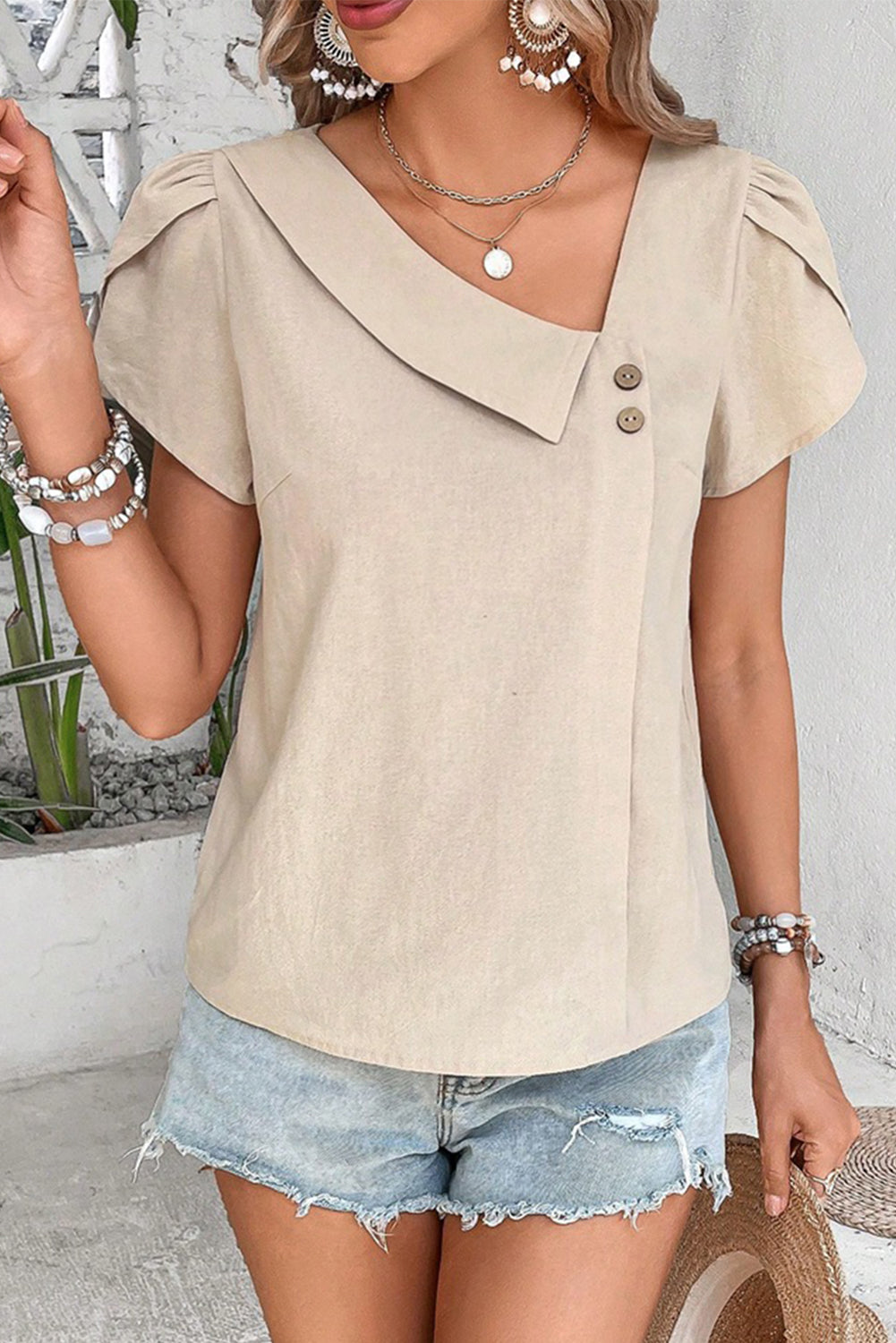 Apricot Solid Color Washed Cotton Slanted Neck Blouse