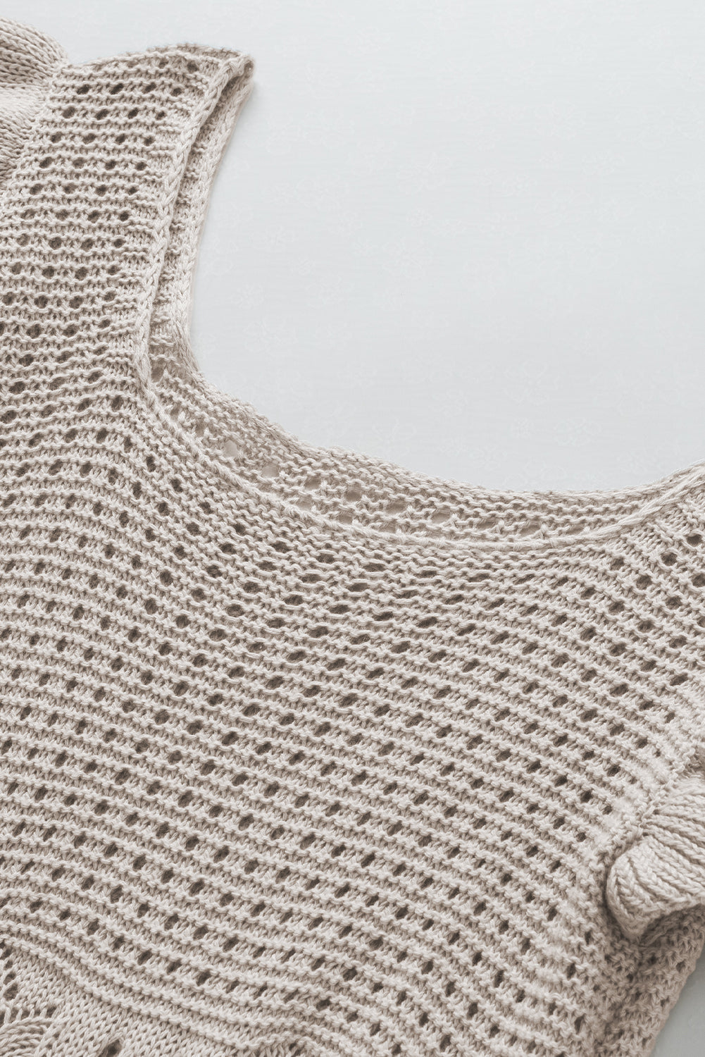 Beige Flutter Sleeve Hollowed Pointelle Knit Top