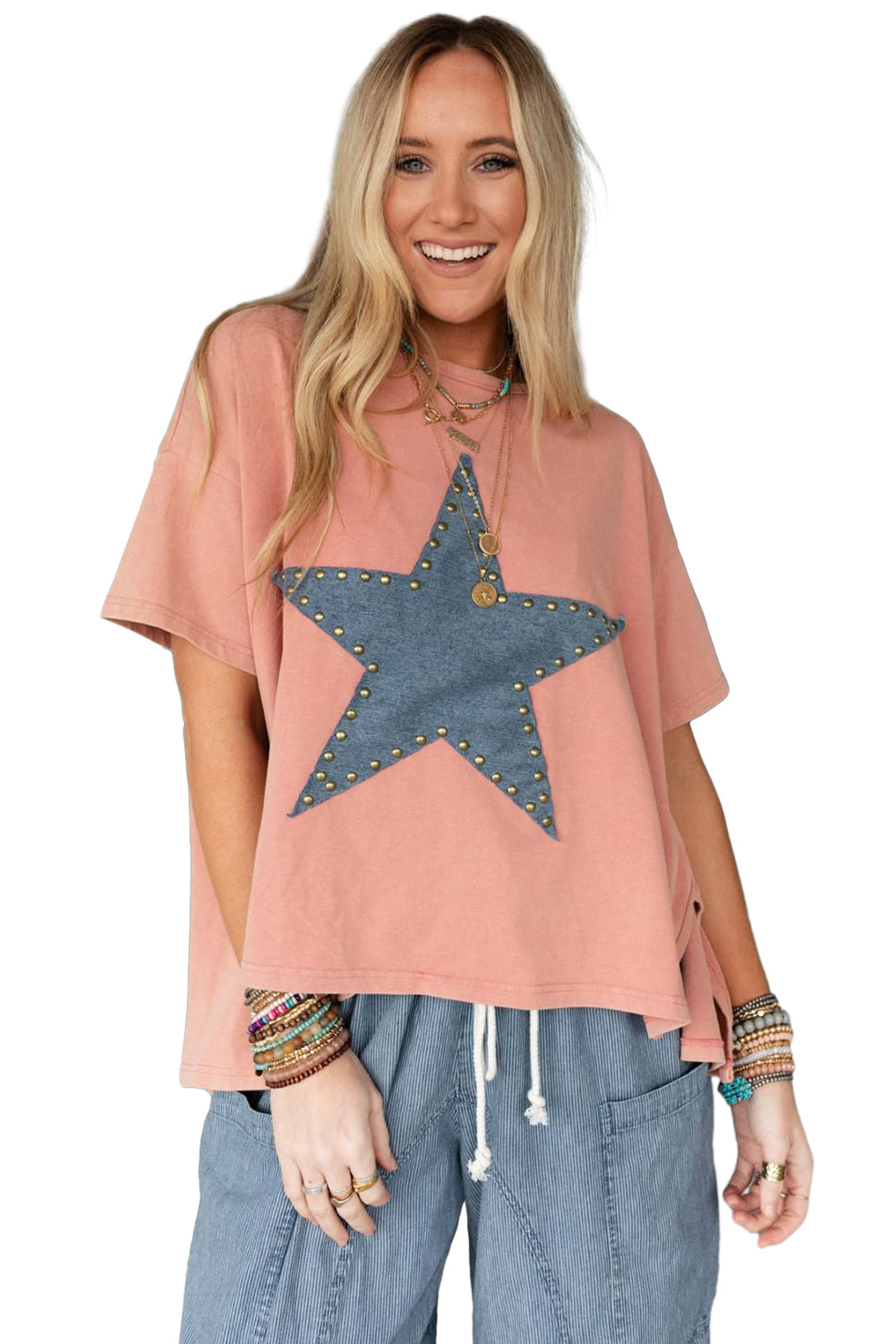 Apricot Pink Studded Star Patch Side Slits High Low Tee
