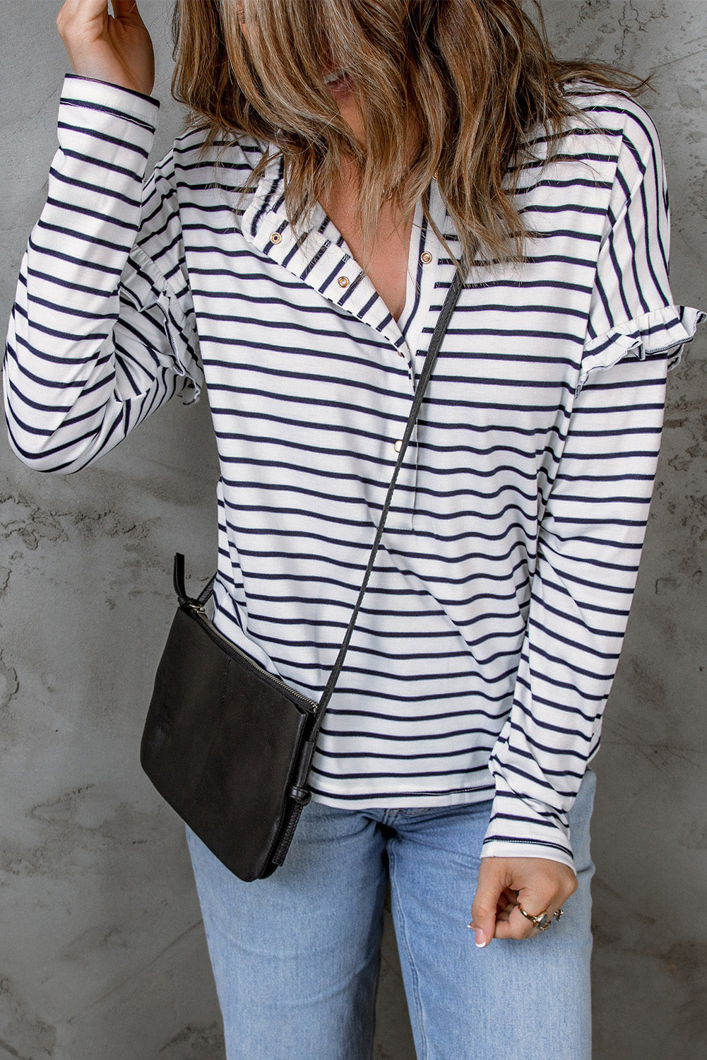 Black and White Striped Snap Button Ruffle Trim Long Sleeve Top