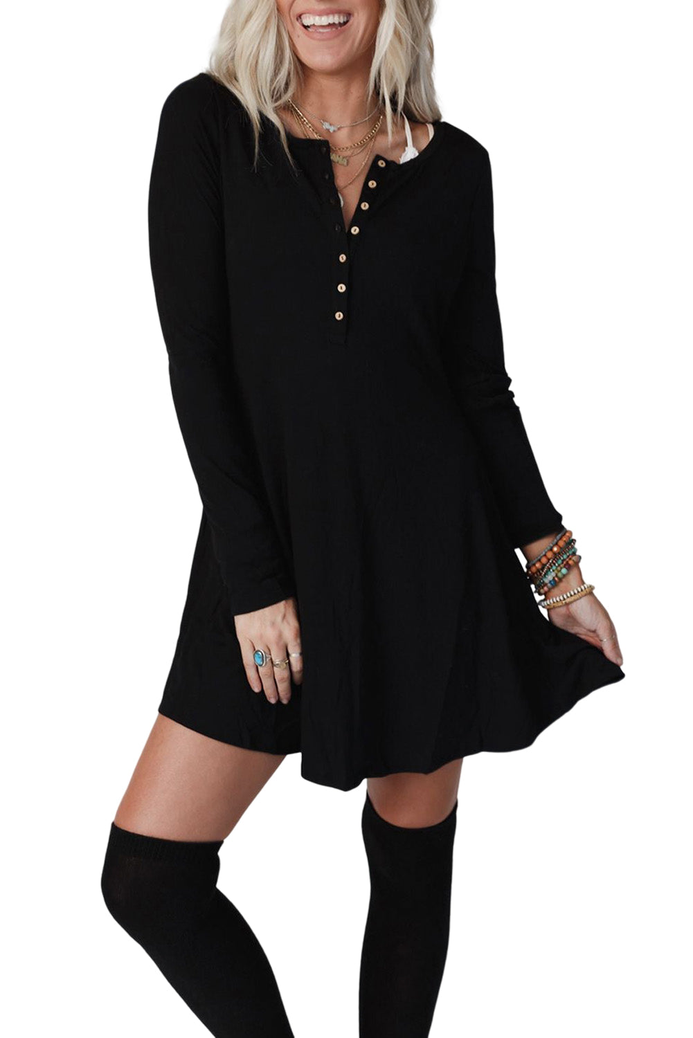 Black Solid Color Long Sleeve Henley Mini Dress