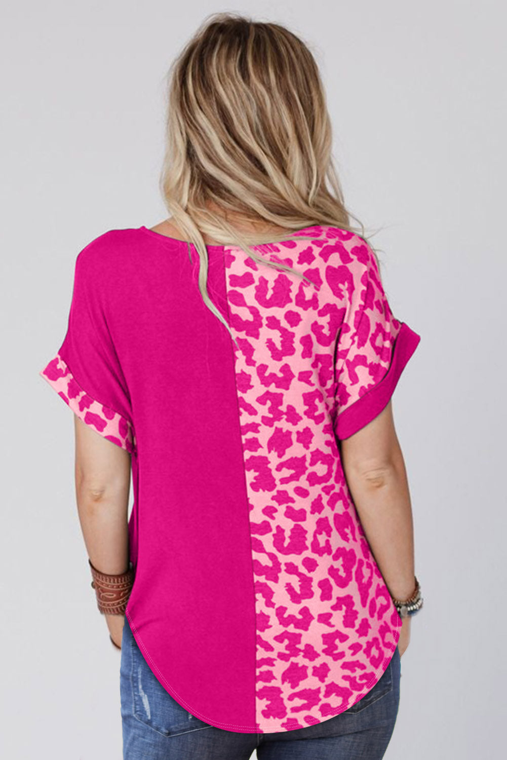 Black Leopard Print Color Block Rolled Up Sleeve Casual T Shirt